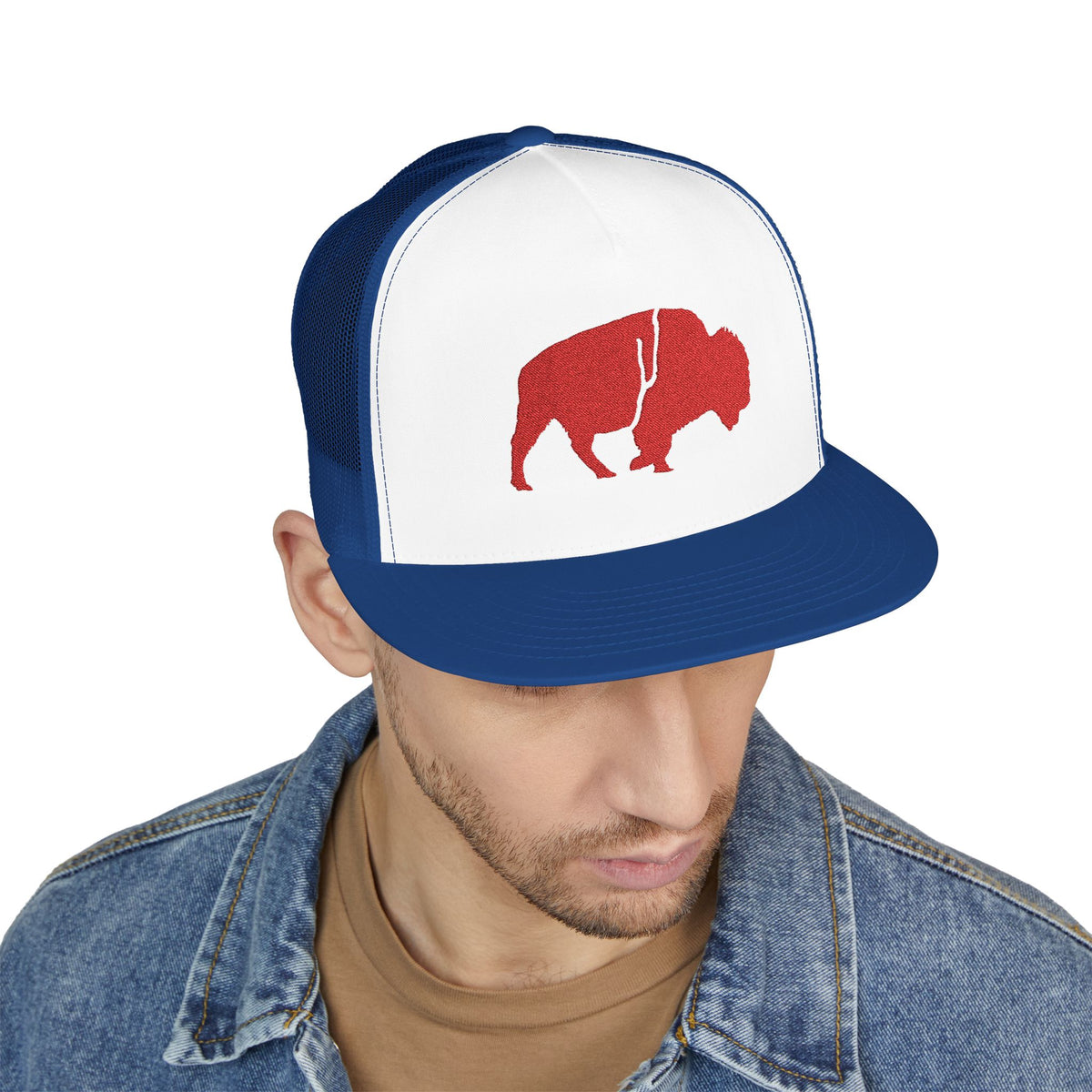 QKA Bills Backers Red Glitter Standing Buffalo Trucker Cap