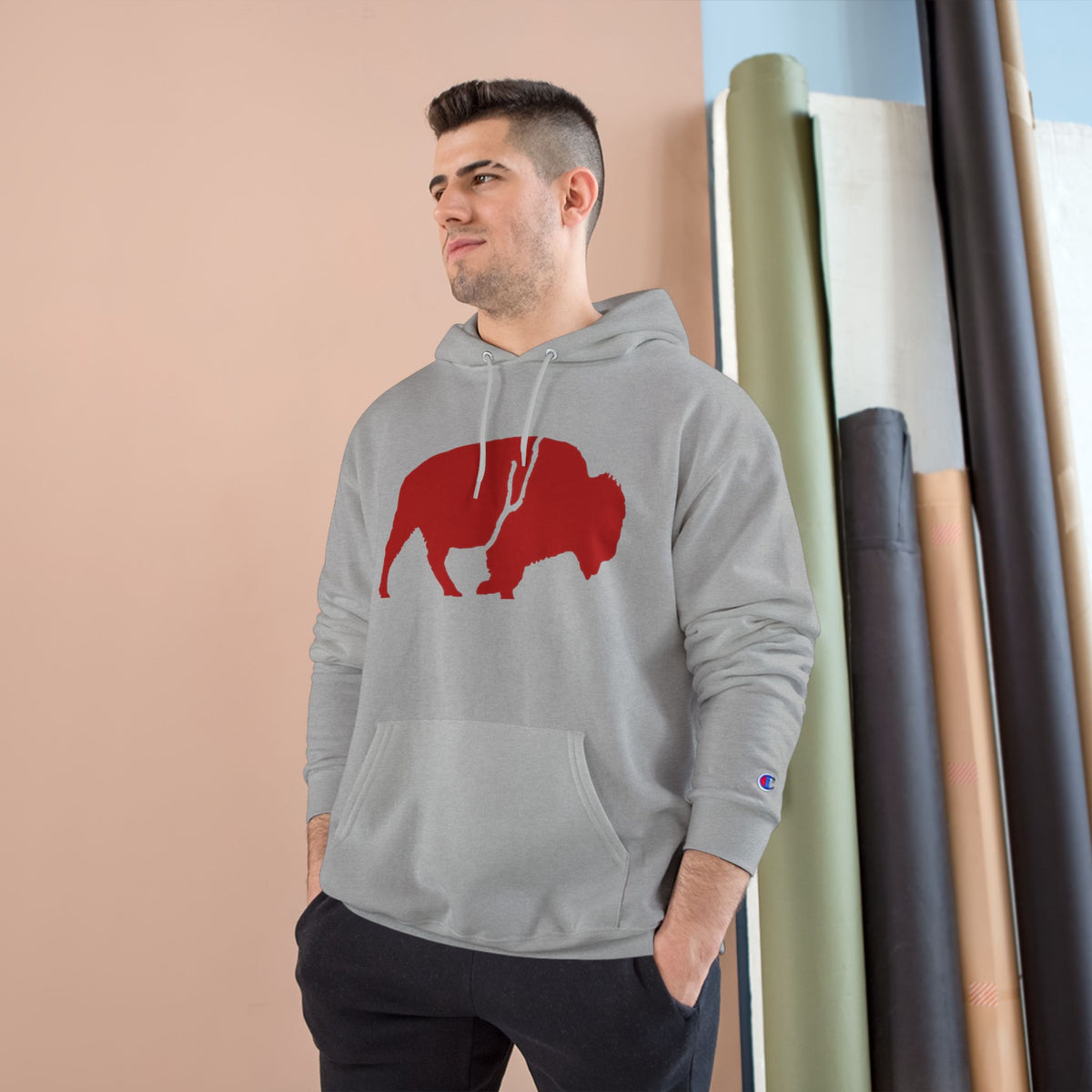 QKA Bills Backers Red Standing Buffalo Champion Hoodie