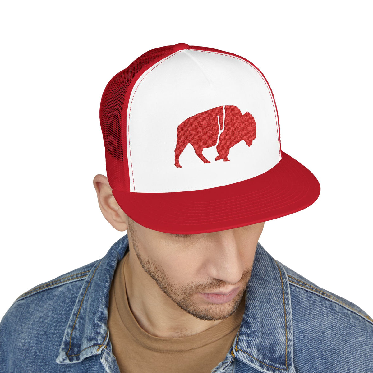QKA Bills Backers Red Glitter Standing Buffalo Trucker Cap