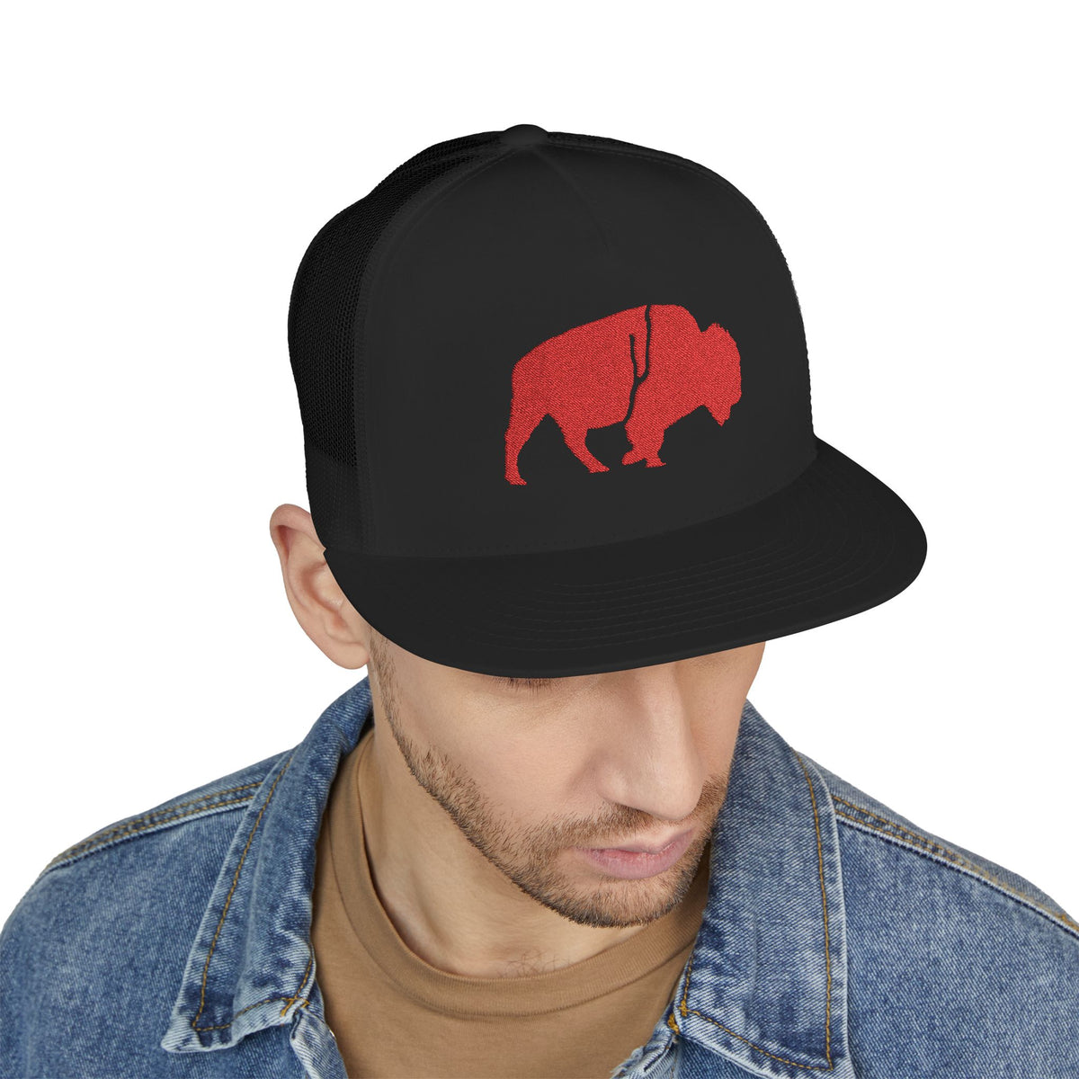 QKA Bills Backers Red Glitter Standing Buffalo Trucker Cap