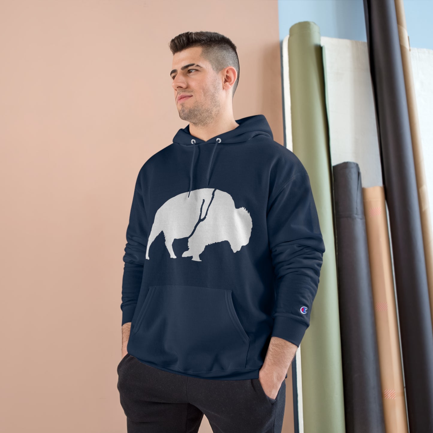 QKA Bills Backers White Standing Buffalo Champion Hoodie