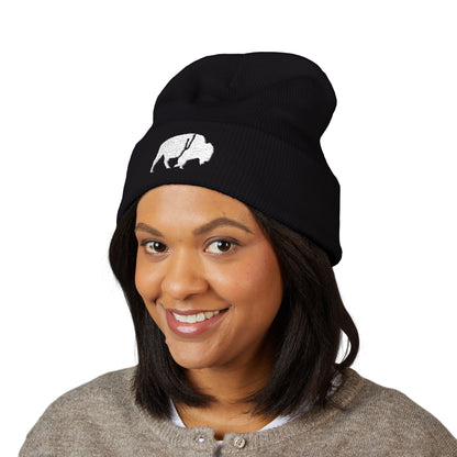 QKA White Standing Buffalo Embroidered Beanie