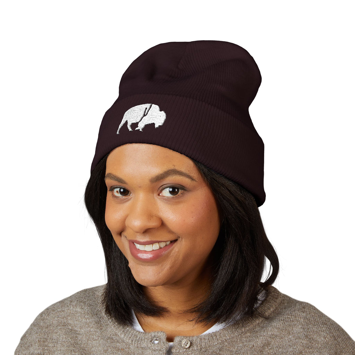 QKA White Standing Buffalo Embroidered Beanie