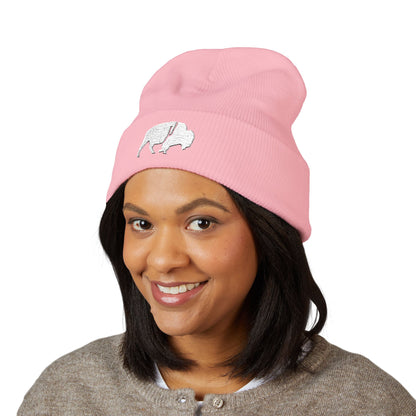 QKA White Standing Buffalo Embroidered Beanie