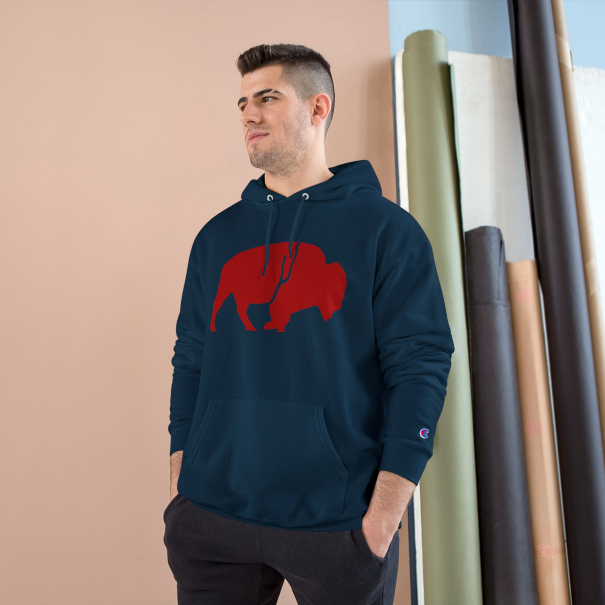 QKA Bills Backers Red Standing Buffalo Champion Hoodie