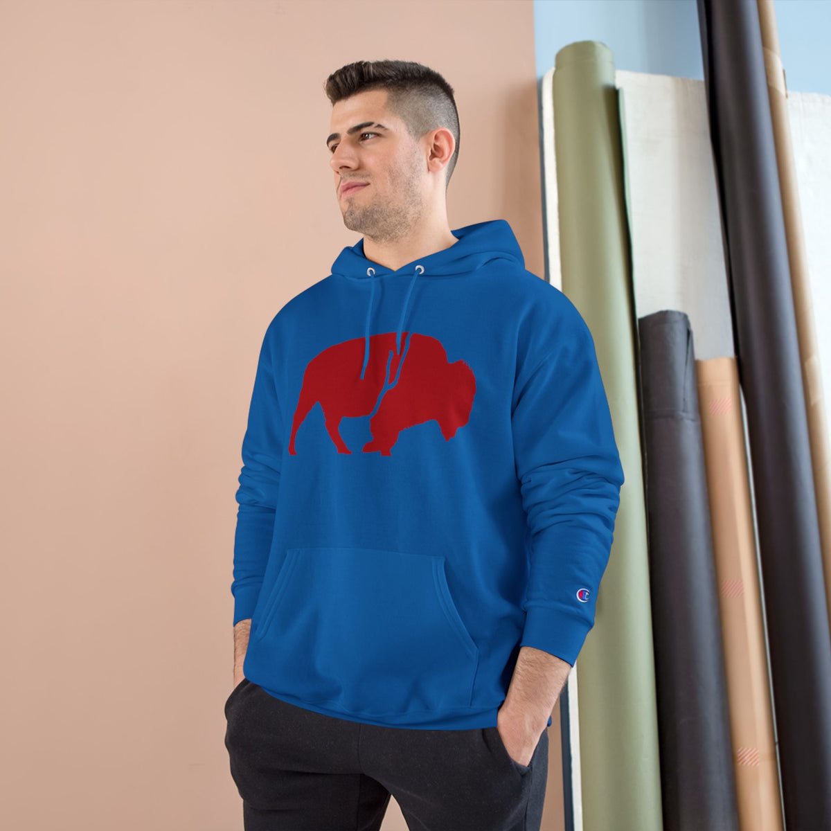 QKA Bills Backers Red Standing Buffalo Champion Hoodie