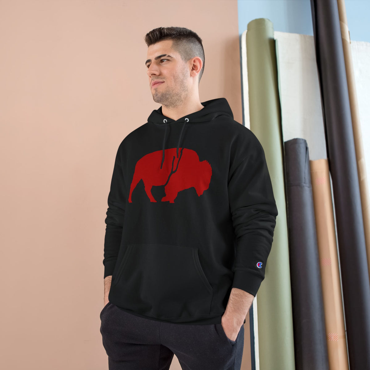 QKA Bills Backers Red Standing Buffalo Champion Hoodie
