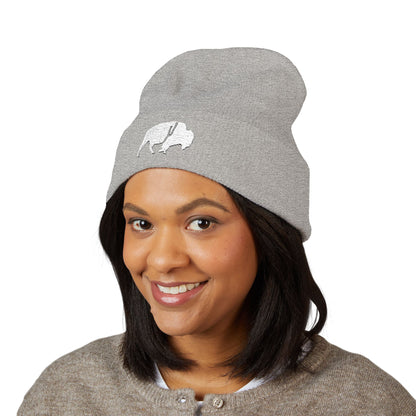 QKA White Standing Buffalo Embroidered Beanie