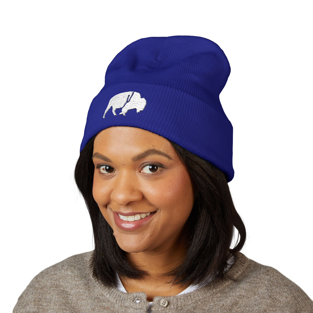 QKA White Standing Buffalo Embroidered Beanie