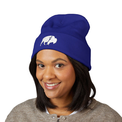 QKA White Standing Buffalo Embroidered Beanie