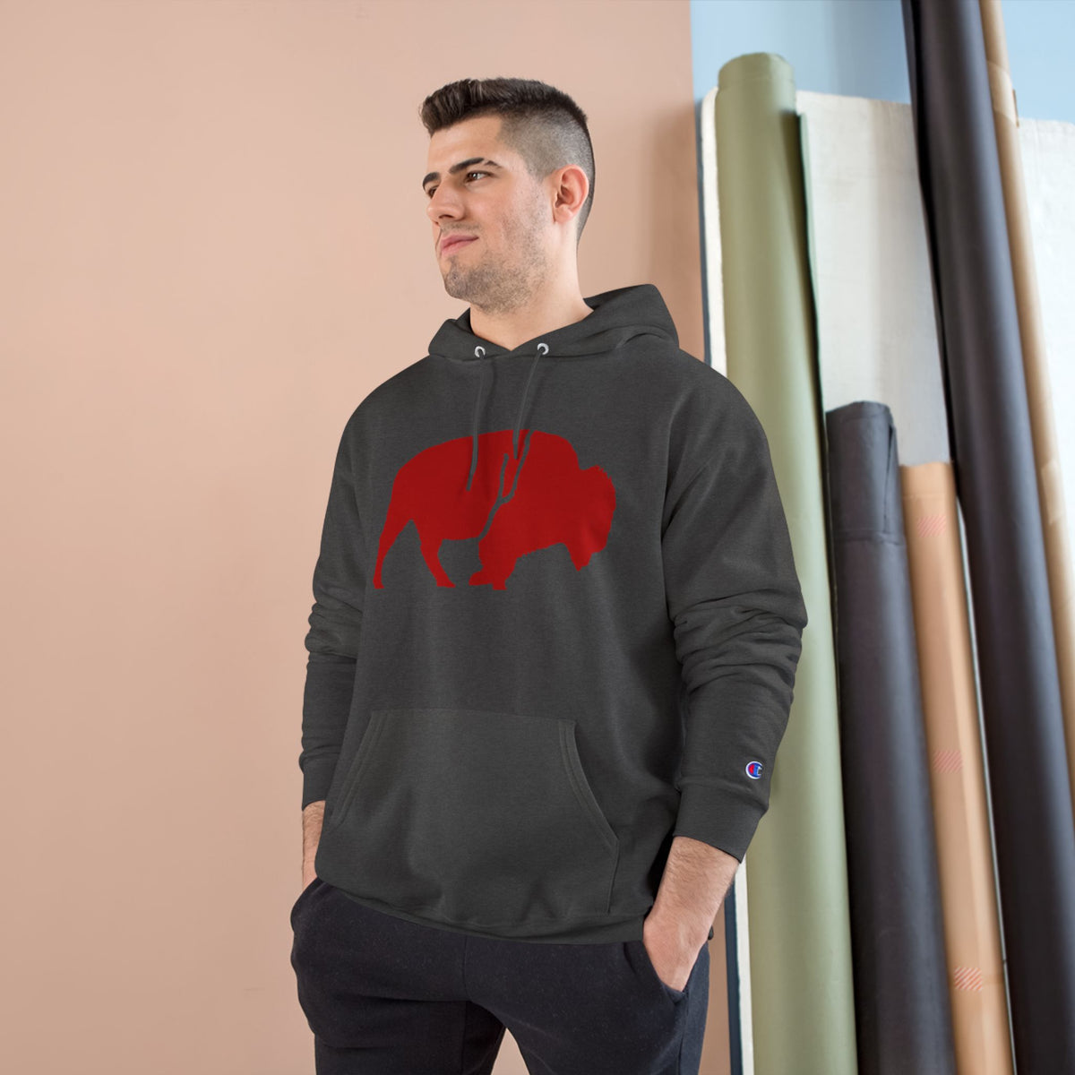 QKA Bills Backers Red Standing Buffalo Champion Hoodie