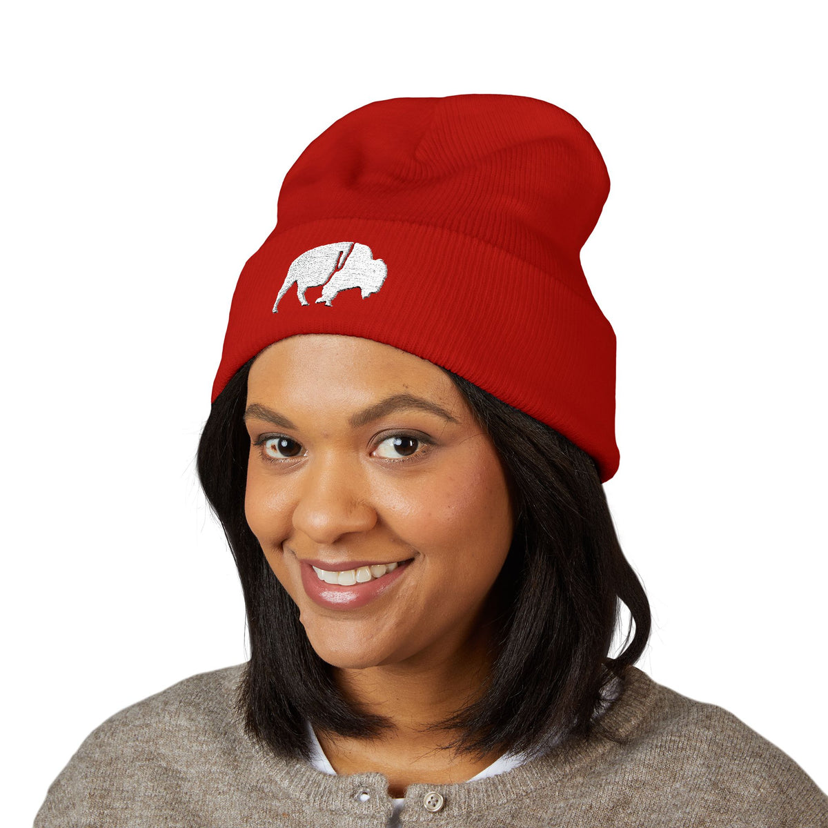 QKA White Standing Buffalo Embroidered Beanie